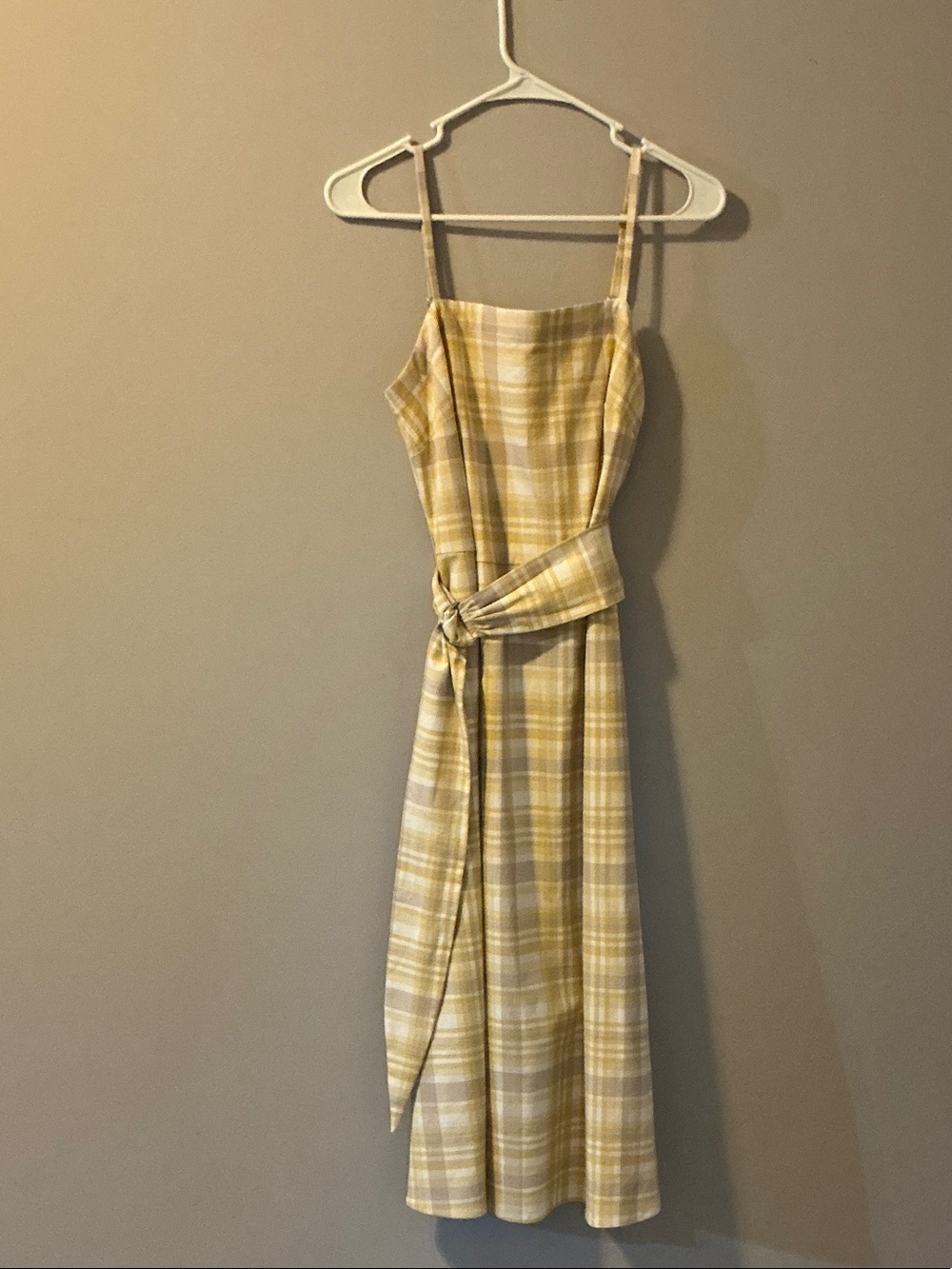 Ann Taylor Yellow Plaid Midi Dress with Waist Tie
